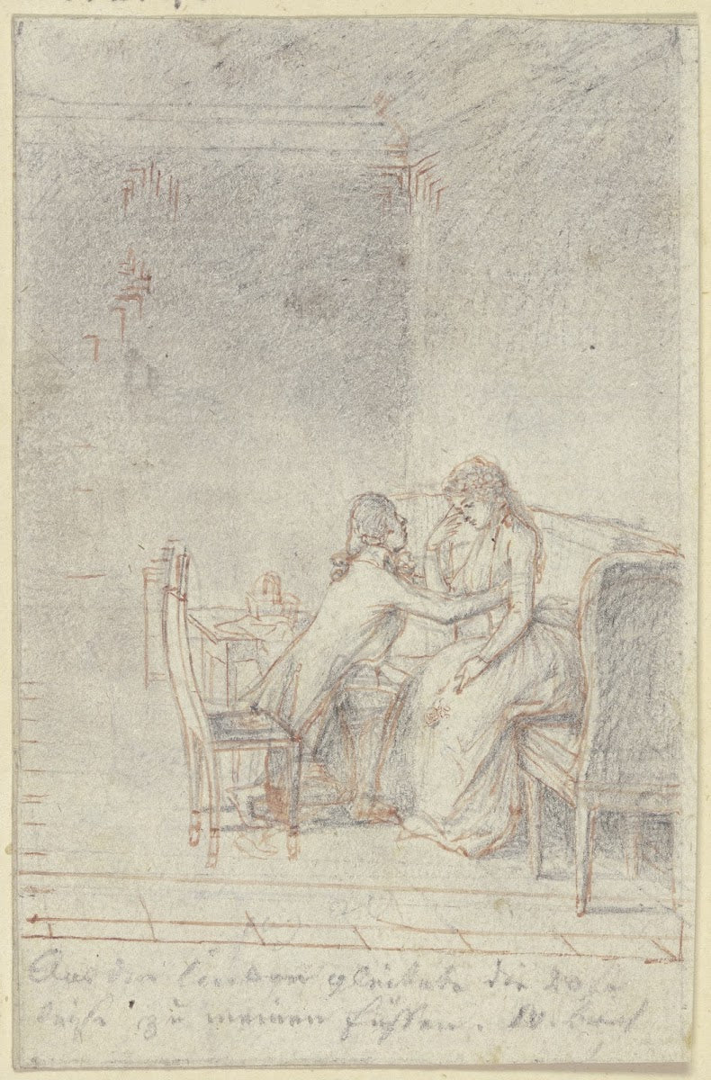 Auf einem Sofa rechts sitzt eine junge Dame ca 1795