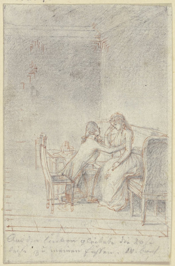 Auf einem Sofa rechts sitzt eine junge Dame ca 1795