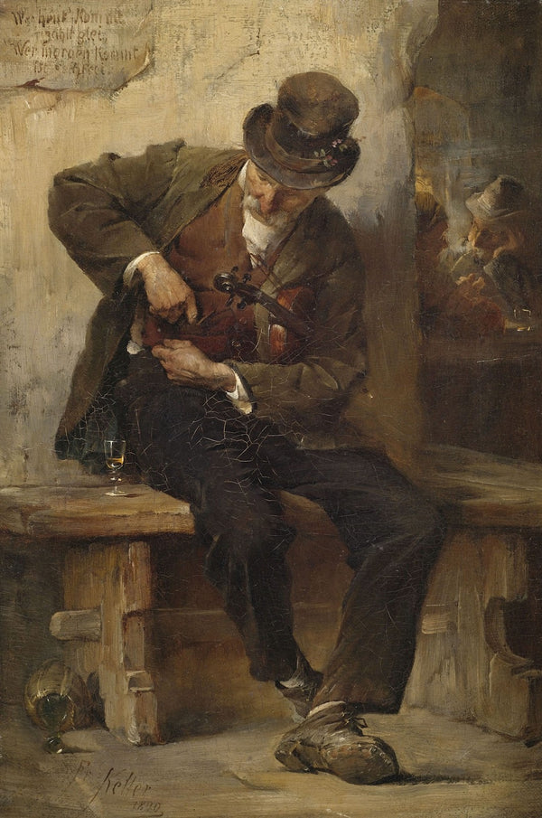 Straßenmusikant vor einem Wirtshaus 1880