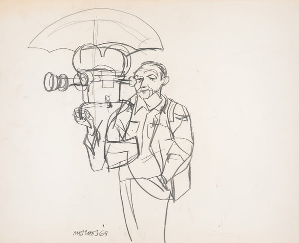 Television news cameraman with umbrella over the camera during the Pueblo hearin