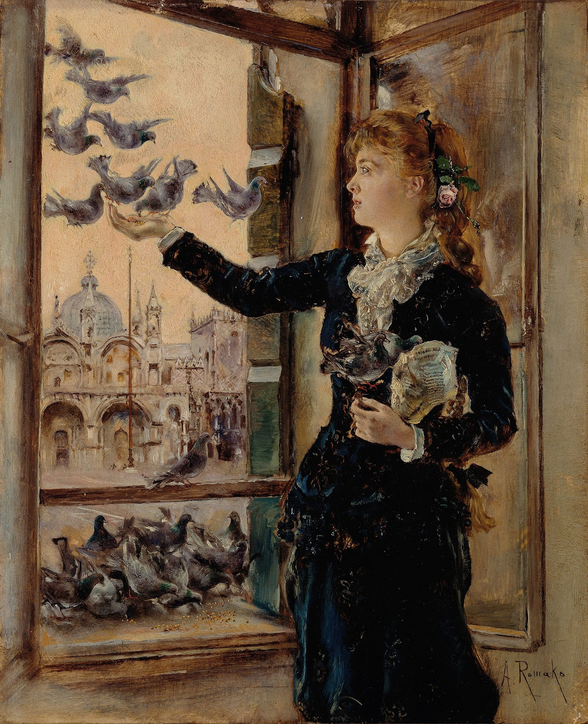Mädchen an einem Fenster zum Markusplatz Tauben fütternd 1875