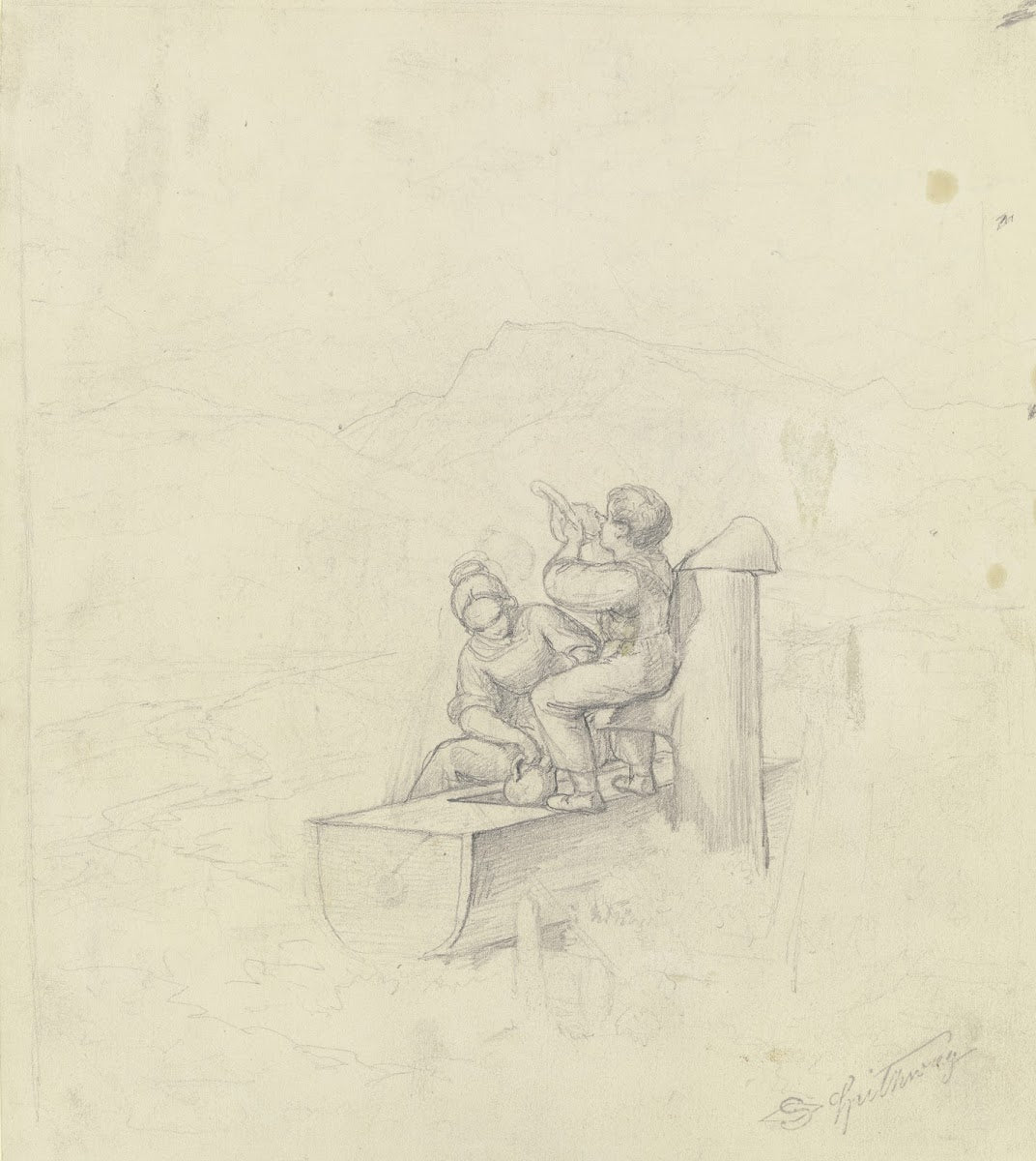 Mädchen und Junge am Brunnen