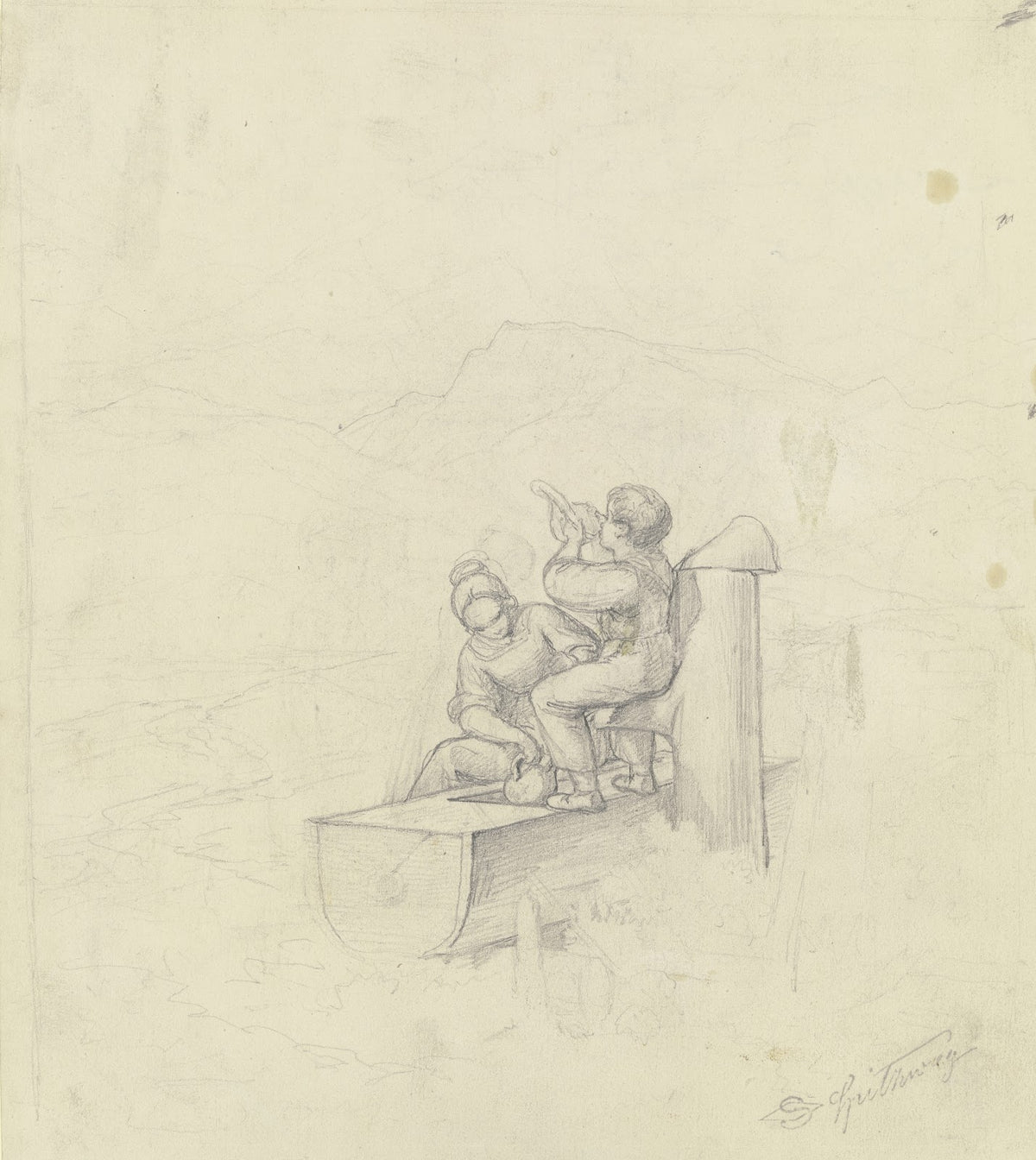 Mädchen und Junge am Brunnen