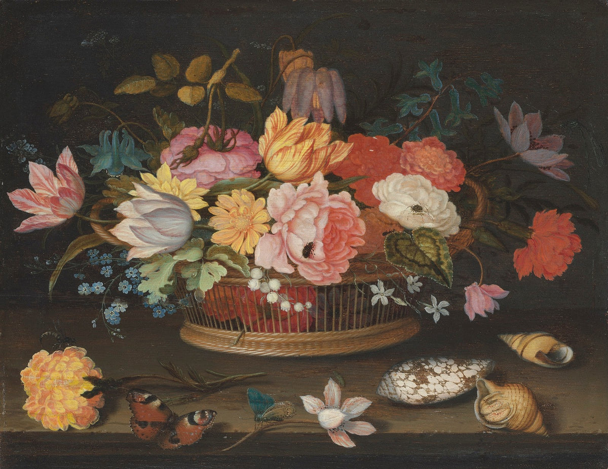 Flowers in a wicker basket on a table 1625