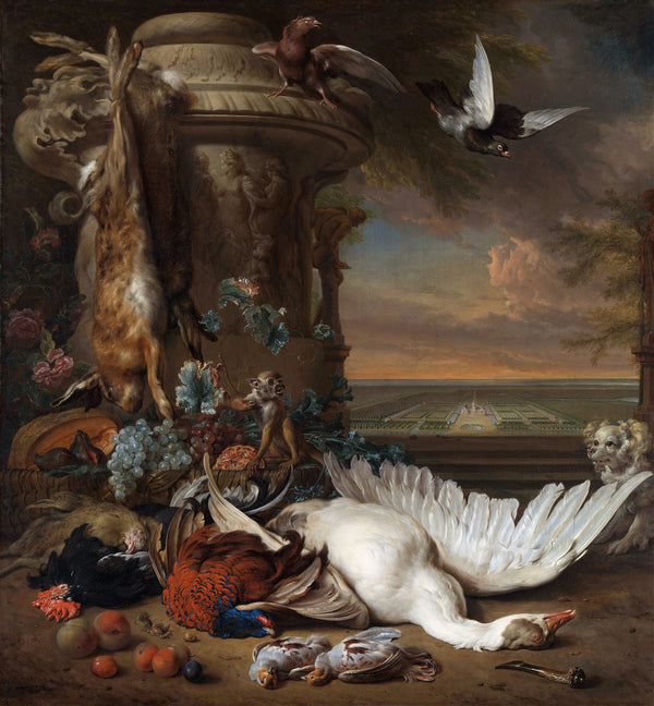 Hunting and Fruit Still Life next to a Garden Vase with a Monkey Dog and two Dov