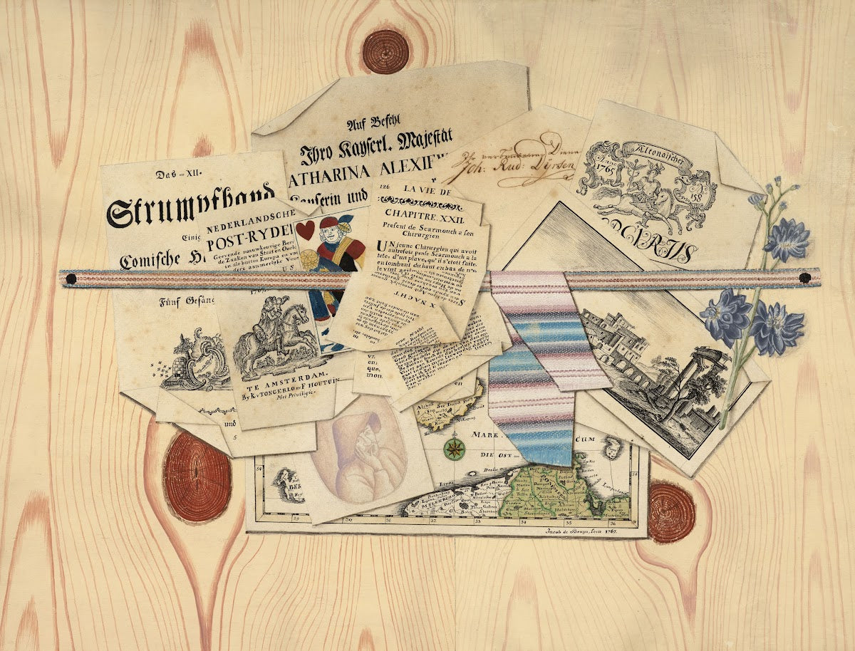 Trompe lœil of an etching prints and a map 1767