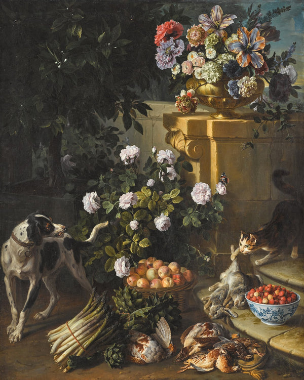 Still life with a dog and a cat in a garden landscape with game flowers a bunch