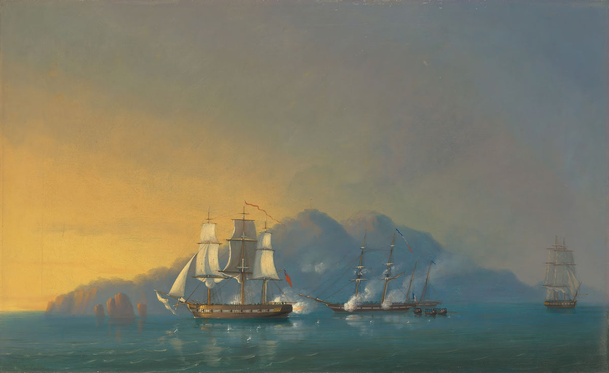 The 18 gun sloop HMS Stork engaging the French brig Cygne and two armed schooner