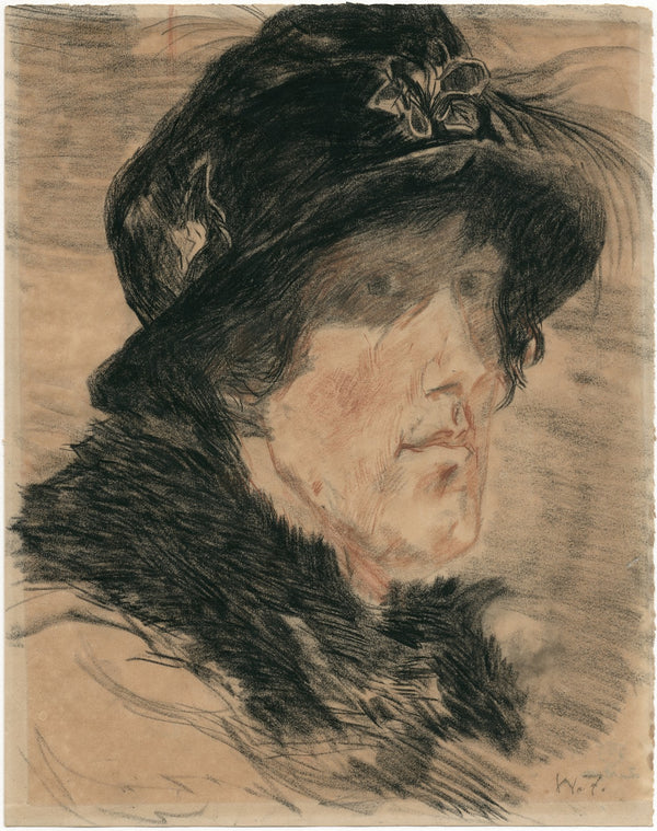 Hoofd van een vrouw met hoed en bontkraag 20th century