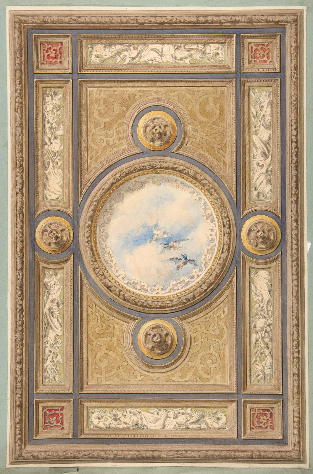 Design for a carved and painted ceiling with clouds and ducks in the central cir