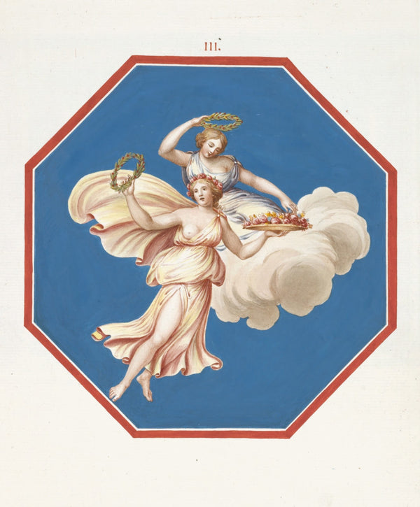 Octagonal painting of two women riding a cloud and holding wreaths and flowers 1
