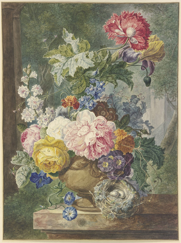 Blumenstrauß In Einer Vase Dabei Ein Vogelnest