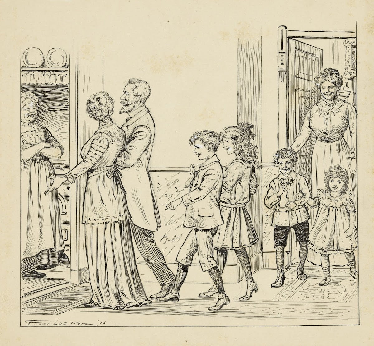 Man vrouw en kinderen lopend door een gang 1916