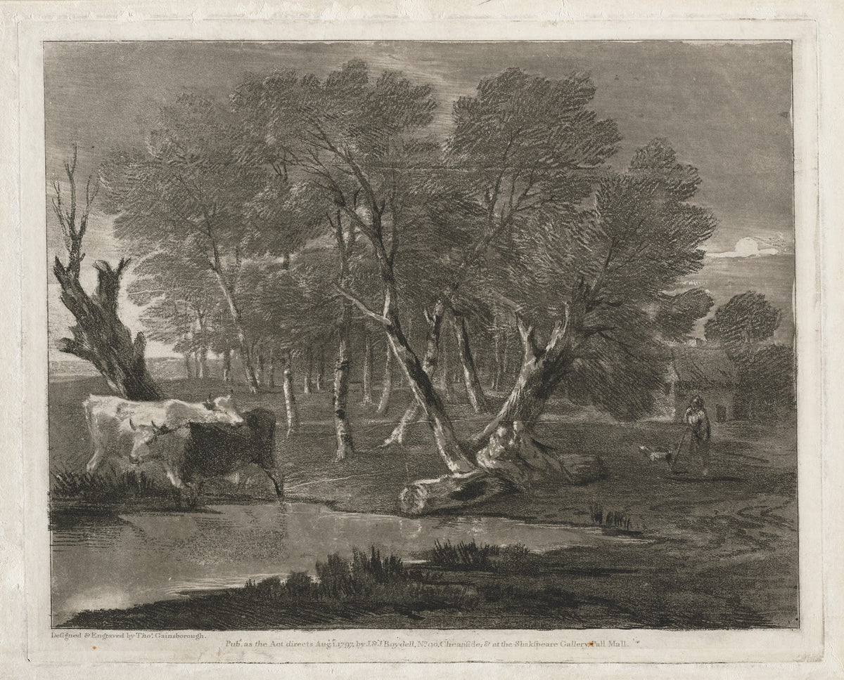 Wooded Landscape with Cows beside a Pool Figures and Cottage 1797