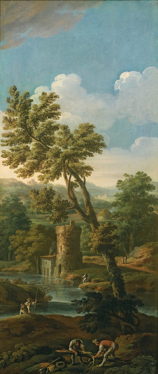 An italianate river landscape with figures in the foreground breaking up a tree