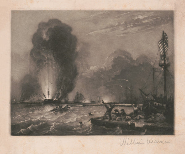 Naval battle with American battleship and sailors in the lower right corner chee
