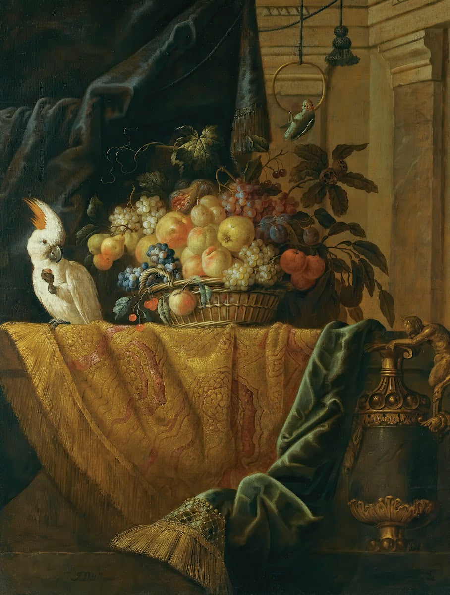 A Still Life With A Basket Of Fruit And A Parakeet Upon A Ledge Draped WithA Dam