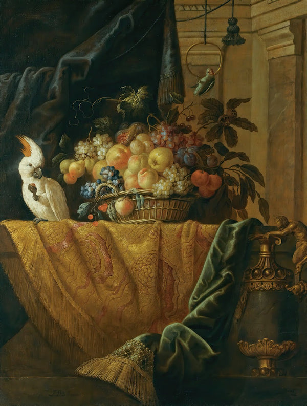A Still Life With A Basket Of Fruit And A Parakeet Upon A Ledge Draped WithA Dam
