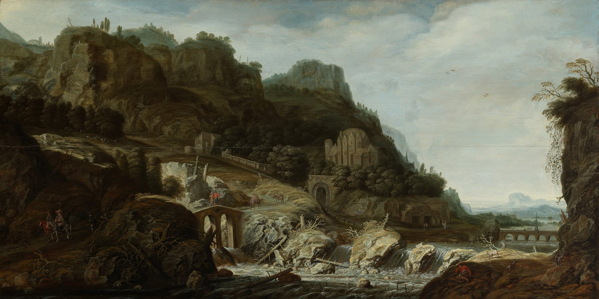 Gebirgslandschaft mit einem Wasserfall ca 1625