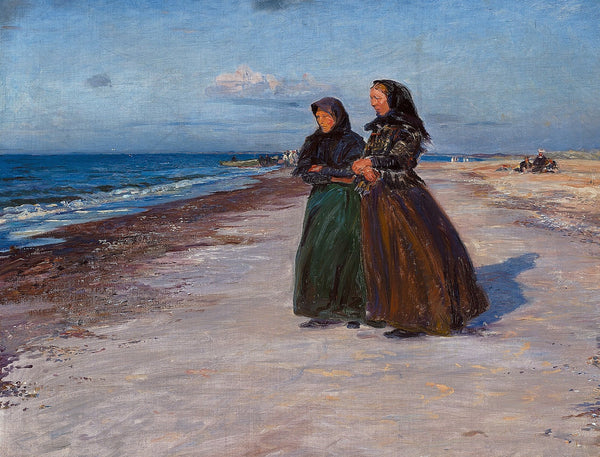 To fiskerkoner ved stranden i blæsevejr Nordjylland 1913