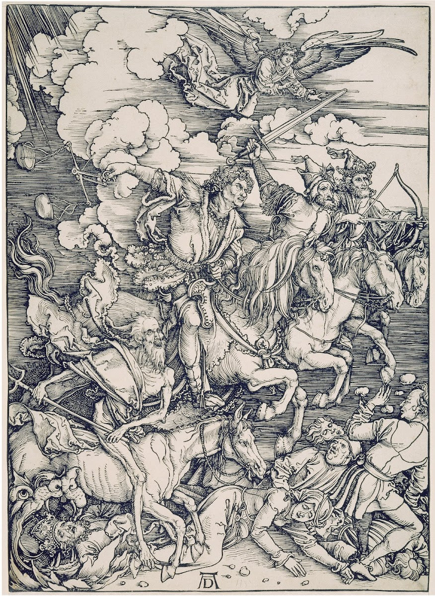 Die apokalyptischen Reiter aus der Folge der Apokalypse Einzeldruck vor dem Text