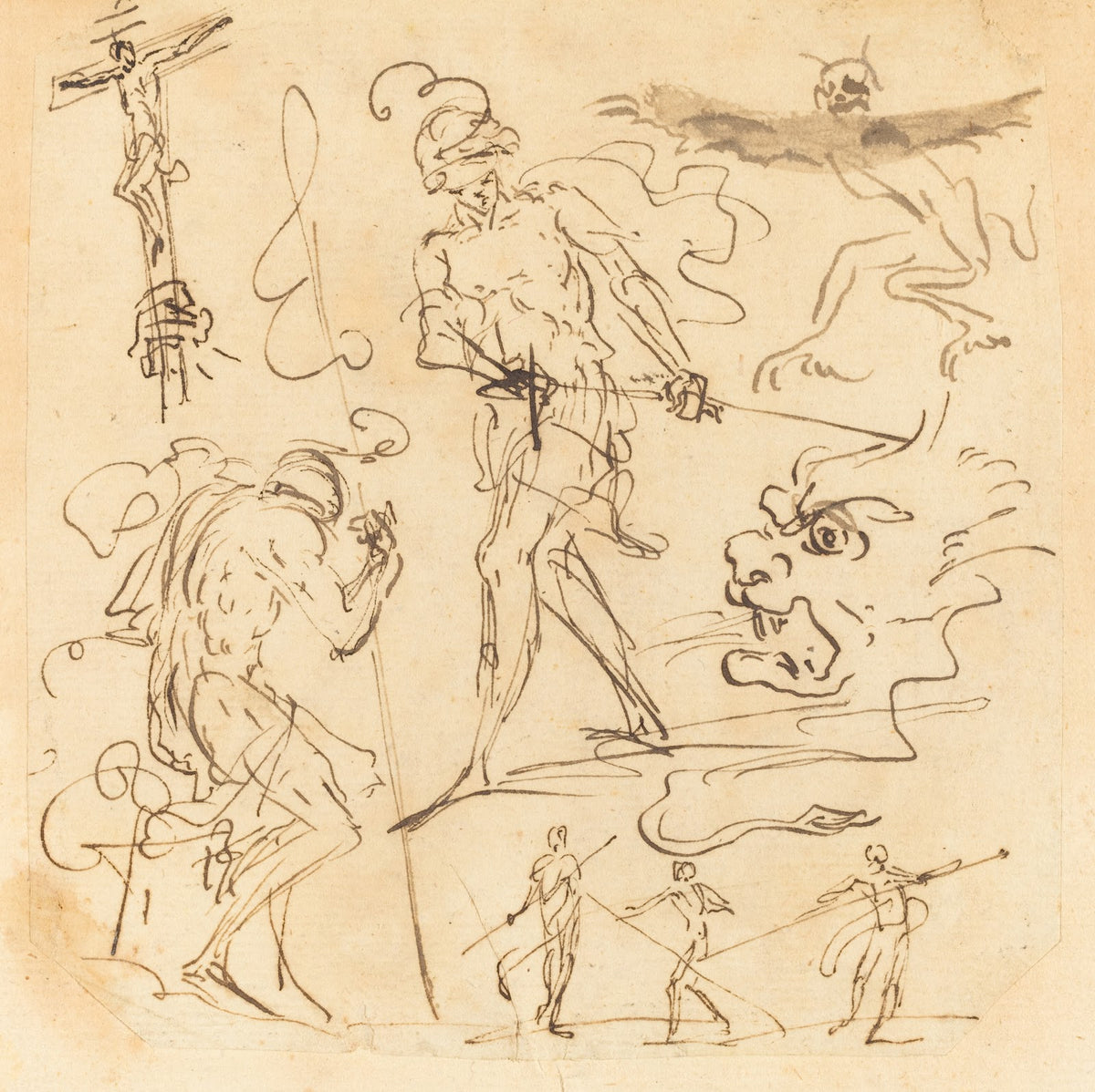 Sheet of Studies with a Soldier Drawing a Sword a Crucifix Monstrous Animals and
