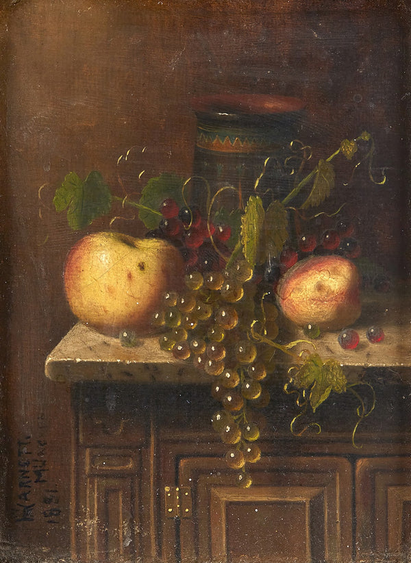 Still Life with Egyptian Vase Apples and Grapes on a Marble Top Console 1881