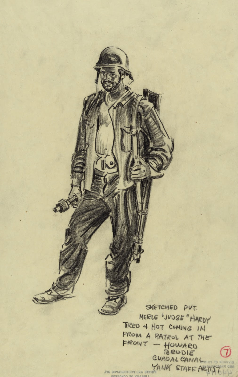 Sketched Pvt Merle Judge Hardy tired  hot coming in from a patrol at the front 1
