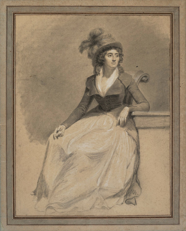 Portrait of a seated lady wearing a feathered hat