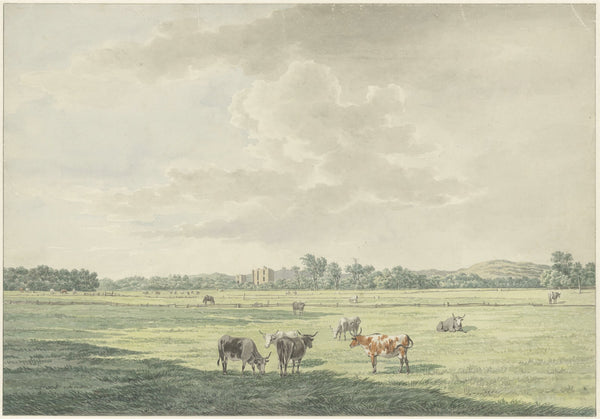 Landschap met weiland en koeien op de voorgrond en in de verte de ruIne van Bred