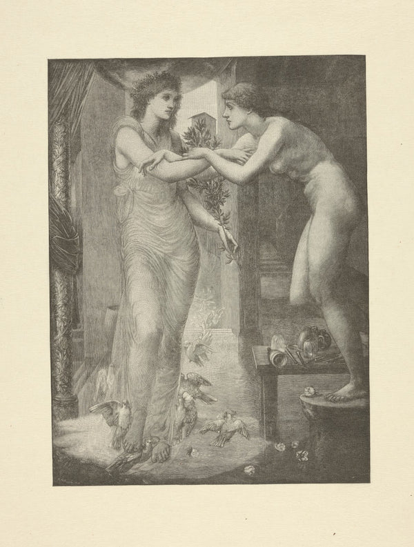 Nude woman stands on stool arms locked with woman beside her clothed in sheer dr
