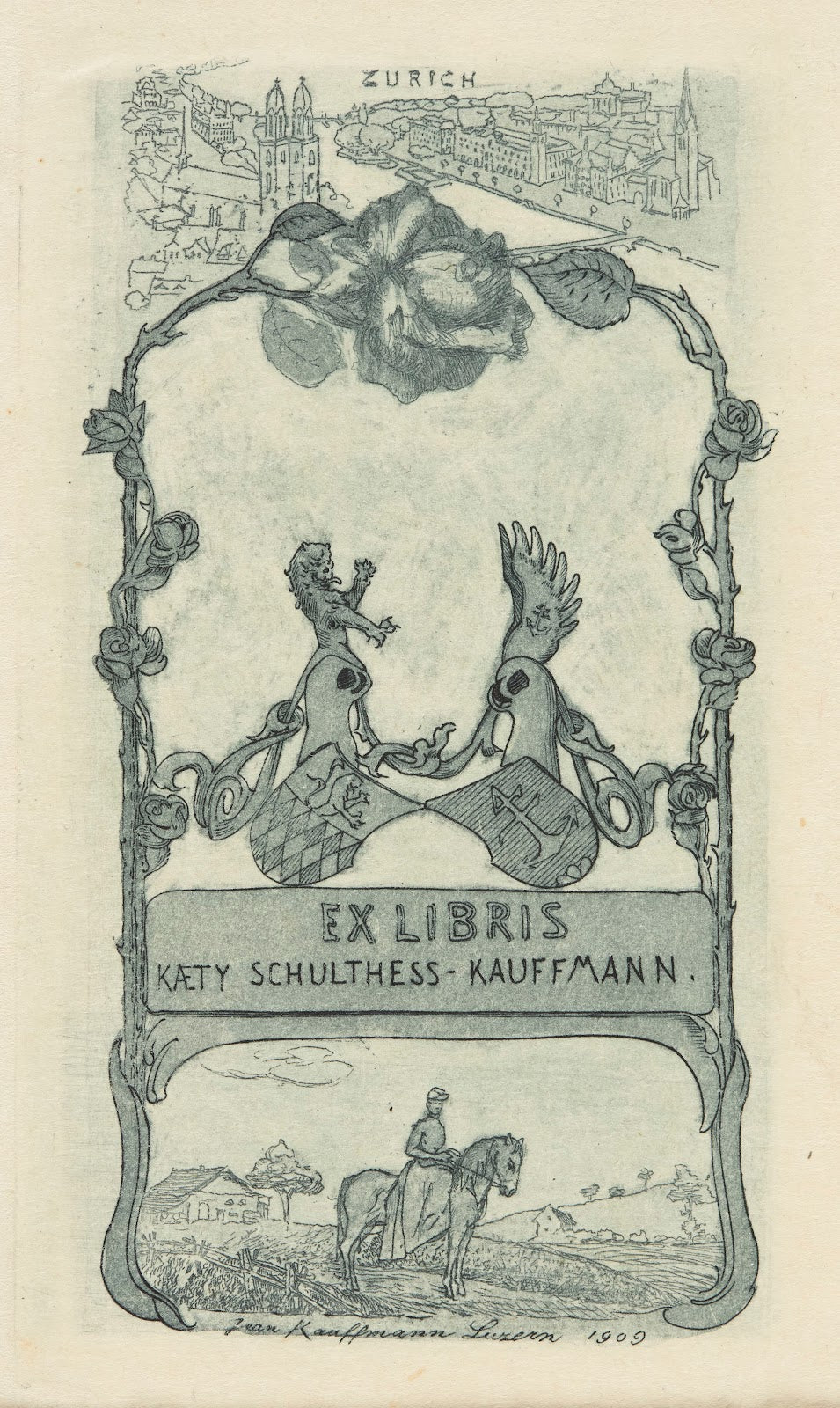 Bookplate of Kaety Schultess Kauffmann 1909