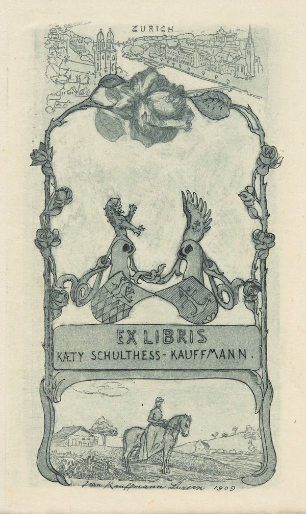 Bookplate of Kaety Schultess Kauffmann 1909