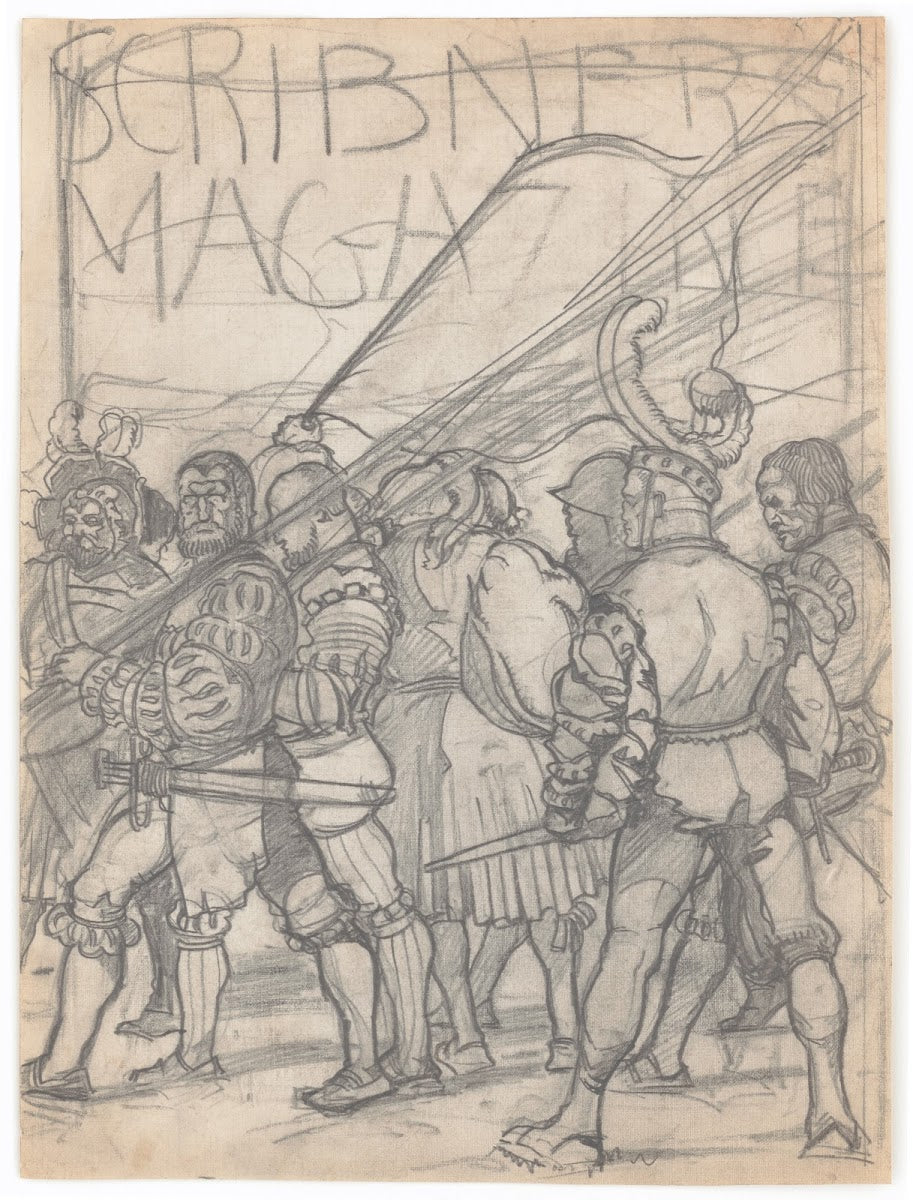 Graphic designs for Scribners Magazine cover Medieval Festival theme Drawing of