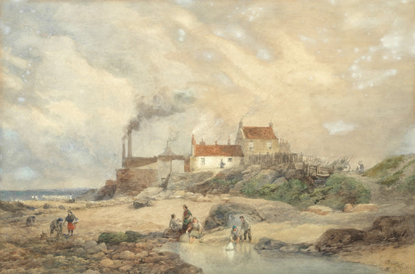 Children playing on the beach with smoke house beyond 1877