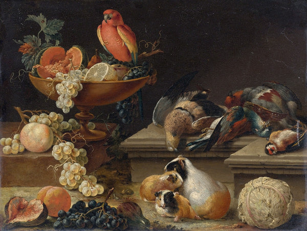 Still Life With A Parrot Game Fowl Guinea Pigs And Fruit