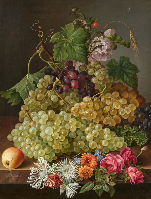 Stillleben mit Trauben und Herbstblumen 1827