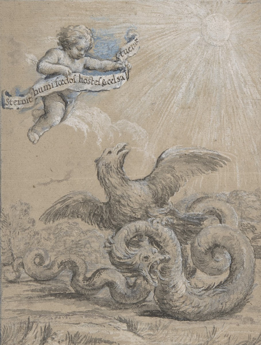 Design with an Eagle Fighting with a Serpent and a Putto in the Sky Holding an I
