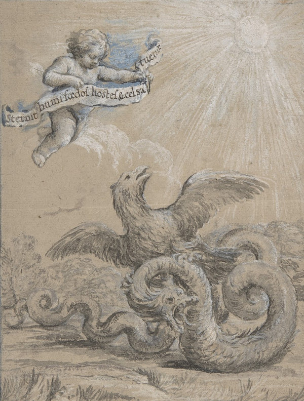 Design with an Eagle Fighting with a Serpent and a Putto in the Sky Holding an I