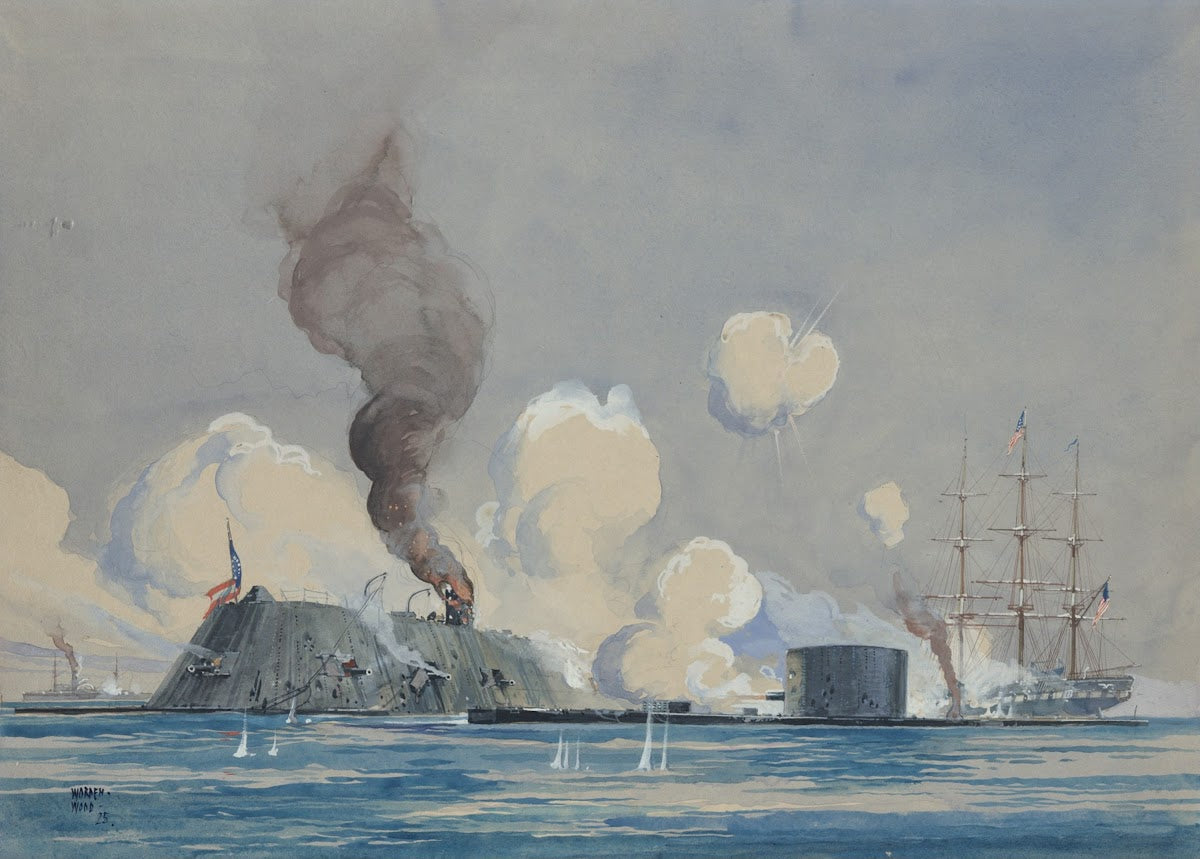Action between USS Monitor and CSS Ram Merrimac in Hampton Roads VA CivilWar