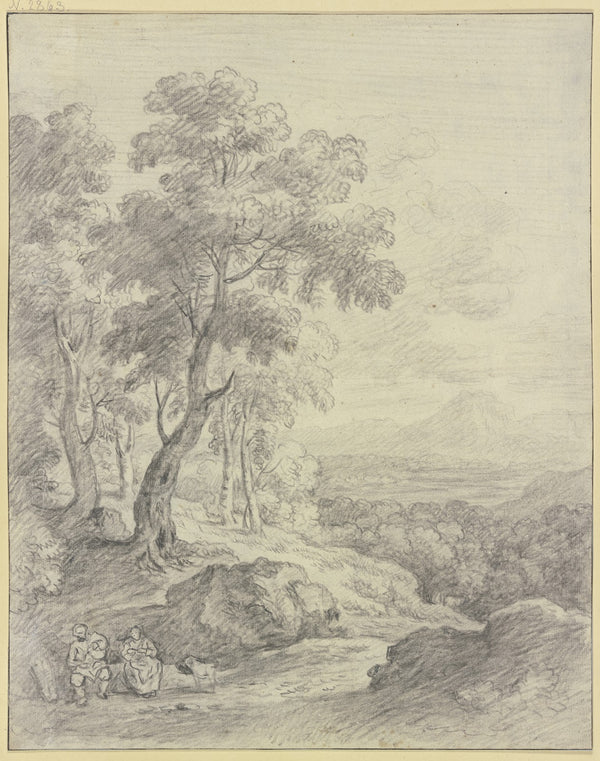 Landscape with a view of a mountain range a man and his wife sitting on a slope