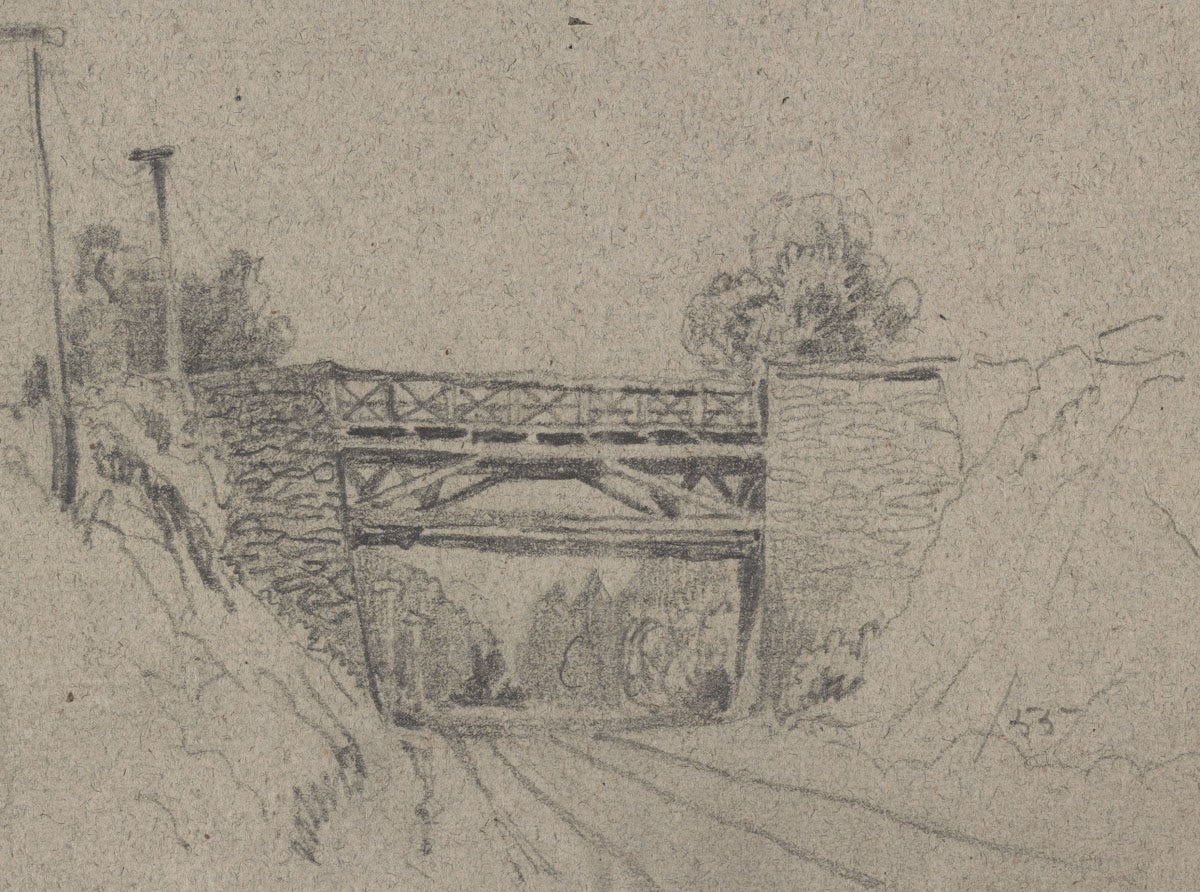 Bridge over railroad tracks with telegraph poles on the left 1855