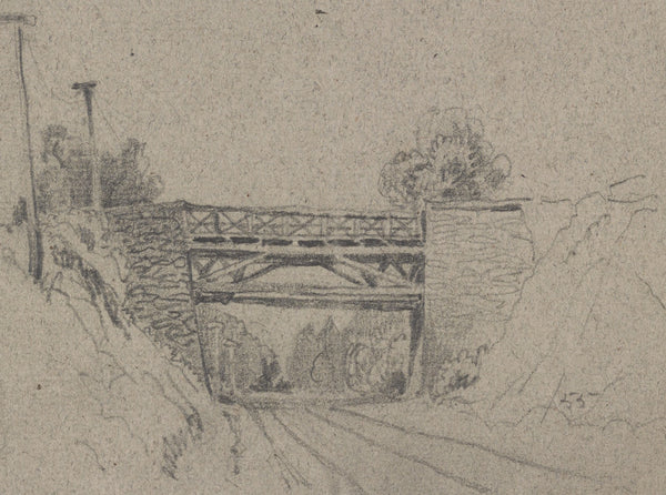 Bridge over railroad tracks with telegraph poles on the left 1855
