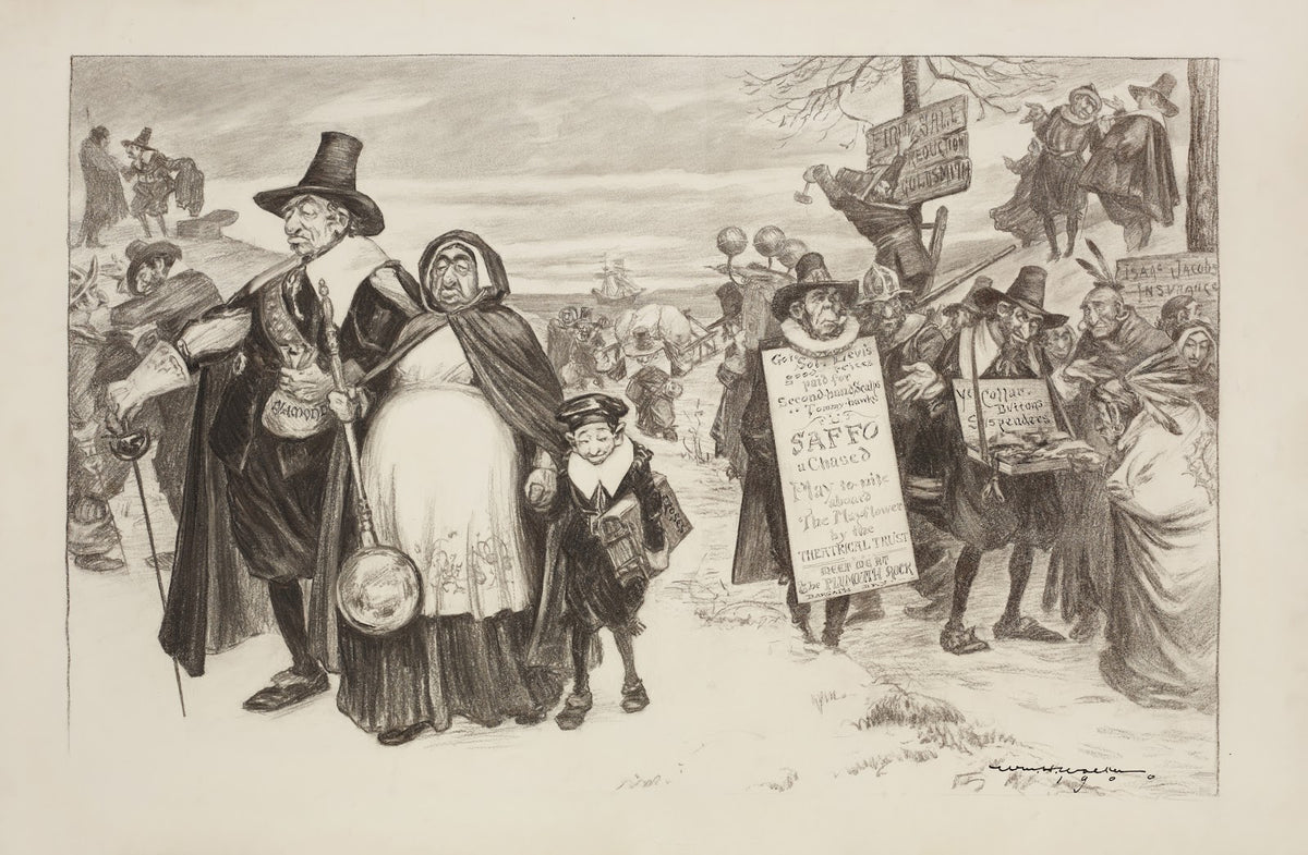 A crowd of people dressed as pilgrims walk inland with a ship in the background