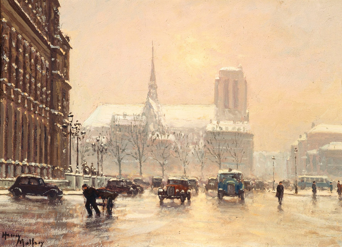 Notre Dame vue de la place de lHôtel de Ville par temps de neige 1930