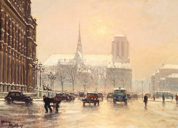 Notre Dame vue de la place de lHôtel de Ville par temps de neige 1930