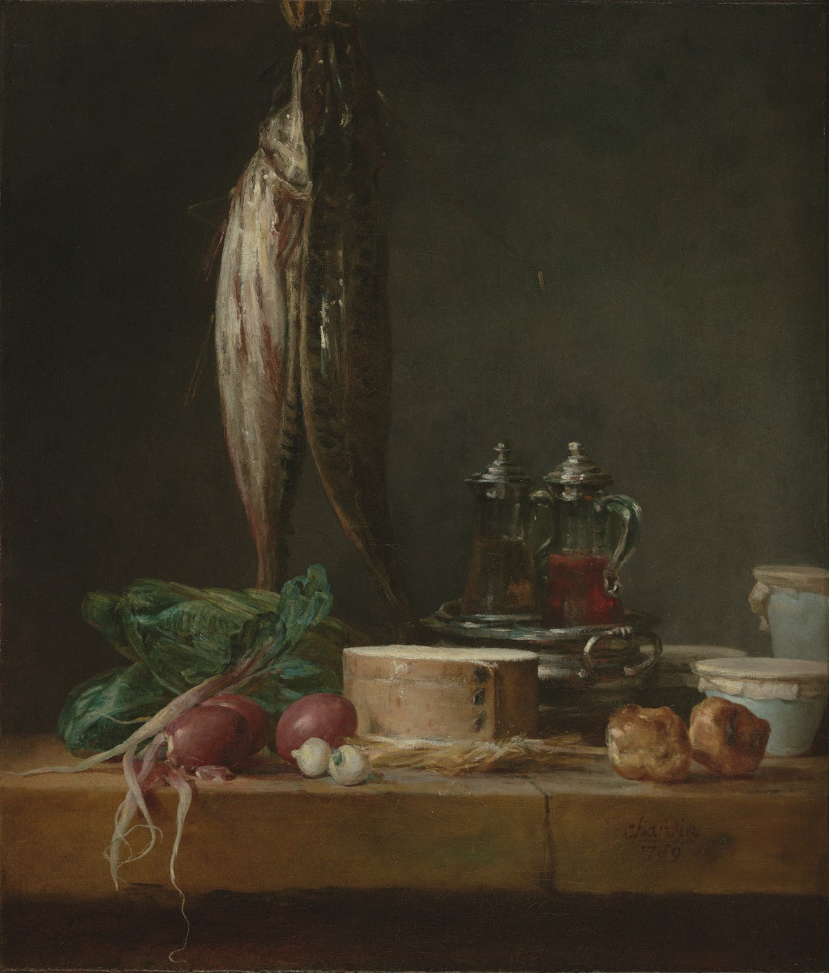 Still Life with Fish Vegetables Gougères Pots and Cruets on a Table 1769