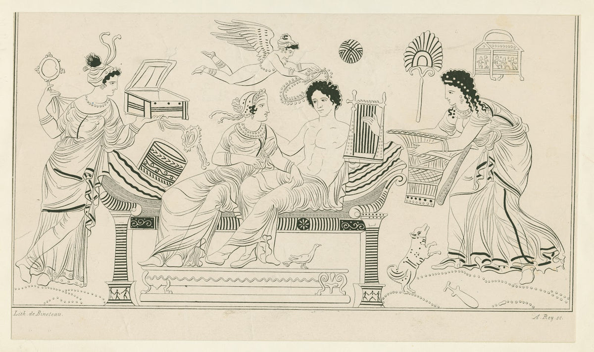 Apollo and Aphrodite on cushioned couch flanked by female attendants with basket