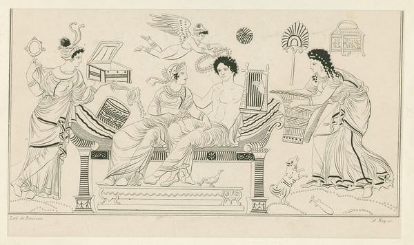 Apollo and Aphrodite on cushioned couch flanked by female attendants with basket