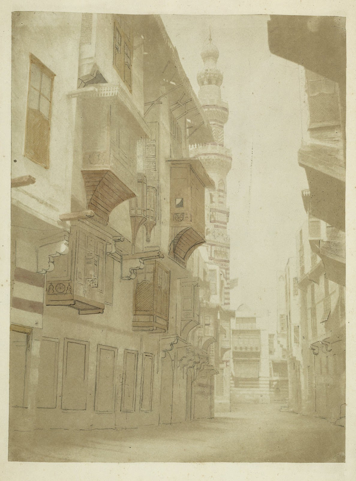 Gezicht op een straat met minaret in Cairo 1858   1860